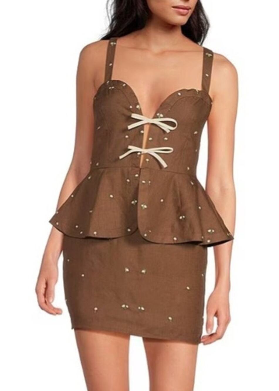 Fanm Mon $388 Helaina Floral Embroidered Brown Mini Dress Size S